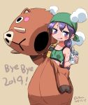  1girl 2019 :q absurdres animal_costume bandana bangs blue_eyes blue_hair blush_stickers brown_background chinese_zodiac commentary_request cup dated disposable_cup drinking_straw english_text green_bandana green_sports_bra highres holding holding_cup isedaichi_ken long_hair original pig_costume ponytail simple_background solo sports_bra sweat tongue tongue_out twitter_username year_of_the_pig 