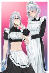  2girls ak-15_(girls&#039;_frontline) alternate_costume apron artificial_eye artificial_eyes artist_name bangs blush border braid breasts closed_mouth darkpulsegg english_commentary enmaided french_braid girls&#039;_frontline gloves grey_hair hand_on_another&#039;s_chin hand_on_another&#039;s_hand highres holding holding_knife kneeling knife lips long_hair long_sleeves looking_at_another maid maid_apron maid_headdress mechanical_eye medium_breasts medium_hair multiple_girls navel open_mouth parted_lips purple_eyes rpk-16_(girls&#039;_frontline) short_sleeves simple_background smile standing stomach white_apron white_border white_gloves 