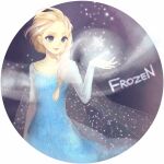  1girl blonde_hair blue_eyes braid cape closed_mouth coma_(fginiy) copyright_name cryokinesis dress elsa_(frozen) frozen_(disney) glowing_snowflake hair_over_shoulder hair_pulled_back hand_up long_hair long_sleeves round_image see-through_cape smile snowflakes solo 