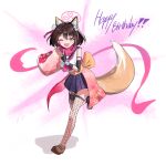  1girl absurdres animal_ear_fluff animal_ears bandaged_arm bandages bangs black_gloves blue_archive breasts brown_footwear brown_hair detached_sleeves eyeshadow fang fishnet_pantyhose fishnets fox_ears fox_girl fox_tail full_body gloves hadanugi_dousa hair_ornament halo hand_up happy_birthday highres holster izuna_(blue_archive) japanese_clothes kimono knife kuji-in loafers looking_at_viewer makeup neckerchief nonoa one_eye_closed open_mouth pantyhose partially_fingerless_gloves pink_kimono pink_neckerchief purple_skirt running scarf shirt shoes short_hair single_sock single_thighhigh skin_fang skirt sleeveless sleeveless_shirt small_breasts smile socks solo tail thigh_holster thighhighs throwing_knife weapon white_shirt yellow_eyes 
