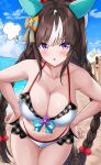  1girl alternate_costume animal_ears beach beret braid breasts cleavage collarbone commentary_request commission hair_ornament hat herohero_(higashi_no_dou) highres hokko_tarumae_(umamusume) horse_ears large_breasts long_braid long_hair looking_at_viewer navel ocean open_mouth purple_eyes skeb_commission sky solo swimsuit twin_braids umamusume 