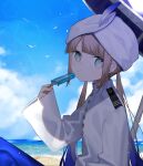  1boy bangs beach beach_umbrella bird blue_eyes blue_hair blue_pantyhose blue_sky blunt_bangs buttons captain_nemo_(fate) coat day eating epaulettes fate/grand_order fate_(series) feet_out_of_frame food gradient_hair hat_feather high_collar highres holding holding_food kenne_28 knees_up light_brown_hair light_particles long_hair looking_at_viewer low_twintails military military_uniform multicolored_hair naval_uniform nemo_(fate) ocean outdoors pantyhose popsicle seagull shade sitting sky sleeves_past_wrists solo turban twintails umbrella uniform white_coat 