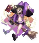  1girl ahoge bare_shoulders belt blonde_hair book breasts broom broom_riding fire_emblem fire_emblem_awakening fire_emblem_heroes floating floating_book floating_object full_body hat highres leon0630claude long_hair long_sleeves looking_at_viewer nowi_(fire_emblem) nowi_(halloween)_(fire_emblem) official_alternate_costume open_mouth pointy_ears purple_eyes purple_headwear short_shorts shorts sleeves_past_fingers sleeves_past_wrists small_breasts solo teeth upper_teeth_only wide_sleeves witch_hat 