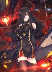  azur_lane baton_(conducting) black_dress black_hair cowboy_shot diamond_(shape) dress dutch_angle friedrich_der_grosse_(azur_lane) gloves gold_trim hair_ornament hair_over_one_eye highres horns iron_blood_(emblem) long_hair machinery mature_female mechanical_horns red_gloves red_horns thighhighs waa!_okami yellow_eyes 