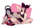  2girls android black_hair black_tank_top chips_(food) colored_skin controller crossed_legs female_seth_(street_fighter) food game_controller grey_skin han_juri highres indian_style koumoridraws metal_skin multiple_girls panties pink_panties potato_chips pringles_can sitting soda street_fighter street_fighter_v tank_top underwear 