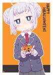  1girl bangs blazer blue_eyes blush bowl candy collared_shirt double_bun expressionless food grey_hair hair_bun halloween happy_halloween head_tilt highres holding holding_bowl jack-o&#039;-lantern jacket jitome lollipop long_sleeves looking_at_viewer necktie original pleated_skirt samansa_ex shirt skirt solo wrapped_candy 