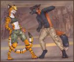  anthro barefoot black_body black_fur black_stripes bottomwear breasts canid canine clothed clothing digital_media_(artwork) dipstick_tail duo_focus eye_contact feet felid female fight fox fur grin group head_tuft hi_res looking_at_another male mammal markings midriff navel orange_body orange_fur pantherine shorts smile stripes tail tail_markings tiger topless tuft white_body white_fur yshanii 