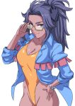  1girl adjusting_eyewear black_hair blue_coat breasts cleavage closed_mouth coat collarbone collared_coat commentary_request dark-skinned_female dark_skin eyelashes grey_eyes hai_(h81908190) hand_on_hip hand_up highleg highleg_swimsuit long_hair one-piece_swimsuit open_clothes open_coat orange_one-piece_swimsuit pokemon pokemon_(game) pokemon_sv raifort_(pokemon) sleeves_rolled_up smile solo swimsuit white_background 