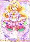  1girl bangs big_hair blonde_hair blue_eyes blunt_bangs border bridal_gauntlets closed_mouth clothing_cutout commentary_request cure_finale dated delicious_party_precure detached_collar dress full_body gloves hanzou high_heels highres kasai_amane leg_up long_hair looking_at_viewer magical_girl medium_dress partial_commentary pink_dress precure rounded_corners short_sleeves shoulder_cutout sidelocks smile solo standing standing_on_one_leg tiara twitter_username very_long_hair white_gloves yellow_border yellow_footwear 