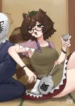  1boy 1girl :d alcohol animal_ears bangs black_kimono blush breasts brown_eyes brown_hair brown_shirt brown_skirt cup drunk futatsuiwa_mamizou glasses gourd half-closed_eyes highres holding holding_cup indoors japanese_clothes kimono leaf leaf_on_head on_floor open_mouth raccoon_ears raccoon_girl raccoon_tail shirt short_hair short_sleeves signature sitting skirt smile solo tail touhou wine yomogi_0001 