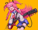  1girl angel_beats! black_choker blue_sailor_collar blue_skirt chain choker fang guitar highres instrument long_hair long_sleeves looking_at_viewer neckerchief open_mouth orange_background pink_eyes pink_hair pink_neckerchief pleated_skirt saaal653 sailor_collar school_uniform serafuku shinda_sekai_sensen_uniform simple_background skin_fang skirt solo two_side_up very_long_hair yui_(angel_beats!) 