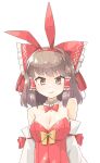  1girl adapted_costume animal_ears arnest blush bow breasts brown_eyes brown_hair cleavage closed_mouth collarbone detached_sleeves fake_animal_ears hair_bow hair_tubes hakurei_reimu highres leotard looking_at_viewer medium_breasts playboy_bunny rabbit_ears red_bow red_leotard short_hair sidelocks simple_background smile solo strapless strapless_leotard touhou upper_body white_background white_sleeves wide_sleeves 