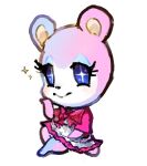 +_+ 1girl animal_crossing animal_ears bear_ears bear_girl bear_tail blue_eyes blue_eyeshadow blue_fur body_fur bow bowtie bright_pupils closed_mouth commentary dress eyeshadow full_body furry furry_female hand_up happy jaibus judy_(animal_crossing) knee_up light_blush looking_at_viewer makeup pink_bow pink_bowtie pink_dress pink_fur short_dress short_sleeves simple_background sitting sketch smile solo sparkle tail two-tone_fur white_background white_pupils 