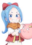  1girl bangs blue_eyes blue_hair blush bow bracelet dragon_quest dragon_quest_xi dress earrings grin hair_bow highres holding hoop_earrings jewelry long_hair looking_at_viewer maya_(dq11) parted_bangs ponytail samansa_ex sash scarf short_eyebrows short_sleeves slime_(dragon_quest) smile vest 