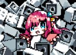  1girl bangs blue_eyes bocchi_the_rock! downvote_(downvote_me) gotou_hitori lego_brick looking_at_viewer medium_hair minigirl open_mouth pink_hair pink_track_suit pixel_art solo 