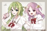  2girls :d alina_gray bangs blush bow bowtie green_eyes green_hair hair_ornament hair_ribbon holding holding_carton layered_sleeves long_hair long_sleeves looking_at_viewer magia_record:_mahou_shoujo_madoka_magica_gaiden mahou_shoujo_madoka_magica medium_hair misono_karin multiple_girls open_mouth orange_ribbon parted_bangs parted_hair pink_hair red_bow red_bowtie red_eyes ribbon rrr_0704_matu sakae_general_school_uniform school_uniform shirt short_over_long_sleeves short_sleeves sleeve_cuffs smile star_(symbol) star_hair_ornament strawberry_milk two_side_up upper_body white_shirt wing_collar 