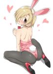  1girl ass bags_under_eyes bangs bare_shoulders blonde_hair blush brown_eyes ear_piercing from_behind hair_over_one_eye idolmaster idolmaster_cinderella_girls loliconder looking_at_viewer open_mouth piercing playboy_bunny shirasaka_koume short_hair shoulder_blades sitting smile solo wariza 