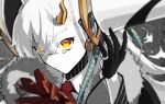  1girl bow colored_skin earrings fate/grand_order fate_(series) from_above fur fur_trim horns ituki jewelry looking_at_viewer looking_up olga_marie_animusphere red_bow ring snow solo tears turtleneck u-olga_marie white_hair white_skin 