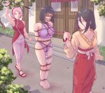  3girls absurdres armpits barefoot bdsm black_hair blindfold bondage bound bra breasts cleavage collar embarrassed femdom gag green_eyes haruno_sakura highres holding holding_leash hyuuga_hanabi hyuuga_hinata japanese_clothes leash leveen long_hair multiple_girls naruto naruto_(series) open_mouth panties pants pink_hair public_indecency public_vibrator purple_bra purple_panties restrained riding_crop sandals sex_toy shibari short_hair siblings sisters skirt thighs underwear vibrator yuri 