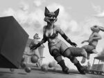  2022 anthro bottomwear breasts building canid canine canis clothed clothing cloud detailed_background digital_media_(artwork) eyewear fox greyscale group ipoke lagomorph leporid mammal midriff monochrome navel open_mouth outside rabbit shorts skating sky sunglasses whiskers wolf 