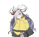  1girl asashimo_(kancolle) bow-shaped_hair closed_mouth cosplay cropped_legs enemy_aircraft_(kancolle) green_eyes grey_hair hair_over_one_eye iono_(pokemon) iono_(pokemon)_(cosplay) jacket kantai_collection long_hair long_sleeves looking_at_viewer pokemon pokemon_(game) pokemon_sv simple_background solo torikai_a upper_body very_long_hair wavy_mouth white_background yellow_jacket 