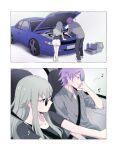  1boy 1girl aqua_hair asymmetrical_bangs bangs car car_interior closed_mouth collared_shirt commentary_request ear_piercing glasses green_hair ground_vehicle hair_between_eyes highres jewelry kamishiro_rui kusanagi_nene long_hair momomo_(m0_3) motor_vehicle multicolored_hair musical_note necklace piercing project_sekai purple_hair seatbelt shirt short_hair shorts sitting streaked_hair sunglasses white_shorts yellow_eyes 