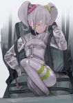  1girl absurdres bodysuit breasts cable gloves green_eyes grey_gloves grey_hair hair_ornament heterochromia highres long_sleeves looking_at_viewer neon_(saaal653) original pink_eyes saaal653 shrug_(clothing) sitting small_breasts solo thigh_strap twintails 