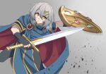  1girl alternate_costume armor bangs cape cosplay croque_(girls&#039;_frontline_nc) fingerless_gloves fire_emblem girls&#039;_frontline_neural_cloud gloves grey_background grey_hair hair_ornament hairclip highres holding holding_shield holding_sword holding_weapon marth_(fire_emblem) marth_(fire_emblem)_(cosplay) non-web_source shield short_hair simple_background sword tab_(tabkun) weapon yellow_eyes 