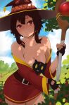  1girl bare_shoulders belt black_gloves breasts brown_hair cat chomusuke cleavage collar day dress fingerless_gloves gloves grass happy hat highres kono_subarashii_sekai_ni_shukufuku_wo! long_sleeves looking_at_viewer lucisam megumin off-shoulder_dress off_shoulder outdoors red_dress red_eyes short_dress sidelocks small_breasts smile solo thighhighs witch_hat 