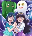  :3 bangs bell_pepper black_hair blue_camisole blue_eyes blue_hair blue_shirt blunt_bangs blush_stickers bob_cut camisole collared_shirt commentary_request constricted_pupils dated delicious_party_precure electricity frown fuwa_kokone ghost gloom_(expression) green_eyes hair_ornament hairclip hand_on_another&#039;s_shoulder hanzou heart heart_necklace high-waist_skirt high_collar highres holding_hands jewelry kasai_amane layered_clothes long_hair long_sleeves looking_at_viewer necklace nenaiko_dare_da open_mouth pants partial_commentary precure purple_skirt scared shirt short_hair skirt suspender_skirt suspenders sweatdrop t-shirt twitter_username v-shaped_eyebrows white_pants white_shirt 