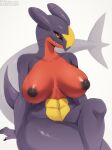  abs anthro big_breasts black_sclera blue_body blue_scales breasts crossed_legs dragon female fin garchomp generation_4_pokemon hi_res looking_at_viewer lunarii nintendo nipples non-mammal_breasts non-mammal_nipples nude pokemon pokemon_(species) red_body red_scales scales scalie simple_background sitting solo tail tail_fin thick_tail thick_thighs white_background x-leon-x yellow_body yellow_eyes yellow_scales 