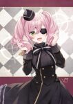 1girl :d annette_(spy_kyoushitsu) black_bow black_bowtie black_dress bow bowtie dress eyepatch fang green_eyes hat holding holding_hair mini_hat official_art pink_hair second-party_source smile solo spy_kyoushitsu tsunako twintails white_bow white_bowtie 