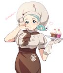  1girl apron ascot brown_apron brown_ascot brown_skirt buttons chef cherry cupcake food fruit gloves green_eyes hat holding holding_food holding_tray icing katy_(pokemon) light_green_hair looking_at_viewer mole mole_on_cheek mole_under_eye momoji_(lobolobo2010) pokemon pokemon_(game) pokemon_sv puffy_sleeves short_sleeves single_glove skirt solo spider_web_print tray white_headwear 