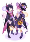  2boys aged_down bangs black_cape black_hair boots cape commentary_request demon_horns demon_tail ensemble_stars! fangs frilled_shirt_collar frills full_body fur_boots fur_collar ghost green_eyes hair_between_eyes halloween_costume hat high_collar holding holding_lantern horns isara_mao kneehighs lantern long_sleeves male_focus multiple_boys partial_commentary pumpkin purple_hair purple_ribbon red_eyes ribbon sakuma_ritsu seuga socks tail witch_hat 