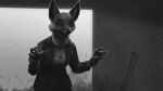  2022 anthro canid canine clothed clothing digital_media_(artwork) female fox greyscale ipoke light lighting mammal monochrome open_mouth solo 