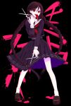  1girl bangs black_hair blood blood_on_shoes blood_splatter braid coma_(fginiy) danganronpa:_trigger_happy_havoc danganronpa_(series) fangs fukawa_touko full_body genocider_shou glasses holding holding_scissors long_hair long_skirt long_sleeves long_tongue looking_at_viewer neckerchief pleated_skirt red_eyes school_uniform scissors serafuku skirt smile socks solo tongue tongue_out translation_request twin_braids very_long_hair 