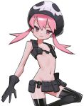  1girl absurdres bangs black_gloves black_headwear black_thighhighs breasts closed_mouth fang gloves hat highres holster jakuzure_nonon kill_la_kill nudist_beach_uniform pink_eyes pink_hair saaal653 shoulder_holster simple_background skin_fang small_breasts solo thighhighs twintails white_background 