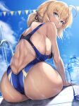  1girl :o absurdres ahoge alternate_costume artoria_pendragon_(fate) ass blonde_hair blue_eyes blue_one-piece_swimsuit blue_sky bottle breasts cloud competition_swimsuit fate/grand_order fate_(series) festival flat_color highres hirasawa_seiji large_breasts looking_at_viewer looking_back one-piece_swimsuit pool_ladder saber shiny_skin sitting sky swimsuit water_bottle 
