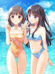  2girls absurdres bangs bikini black_hair blue_bikini blue_sky blunt_bangs breasts casual_one-piece_swimsuit cloud commentary_request commission cowboy_shot day eyewear_removed highres horizon leaf_print long_hair looking_at_viewer multiple_girls navel nekozuki_yuki one-piece_swimsuit orange_one-piece_swimsuit original outdoors pixiv_commission purple_eyes red_eyes short_hair sky small_breasts strapless strapless_bikini strapless_swimsuit swimsuit thigh_gap 