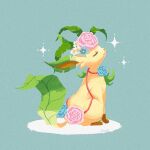  animal_focus artist_name blue_background blue_flower blue_rose closed_eyes closed_mouth commentary_request daisy flower from_side full_body hair_flower hair_ornament happy leaf leaf_(pixiv17652941) leafeon no_humans notched_ear partial_commentary pink_flower pink_rose pokemon pokemon_(creature) profile rose signature simple_background sitting smile solo sparkle u_u white_flower 