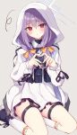  1girl atsuko_(blue_archive) blue_archive blush dress full_body halo heart heart_hands highres hood hoodie kneehighs looking_at_viewer plate_carrier purple_hair red_eyes ribbon shoes simple_background sitting socks thighs tsuzaki_tsunomi twintails white_dress white_hoodie white_socks 
