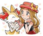  1girl black_shirt blush bow bracelet braixen closed_eyes closed_mouth commentary elizabeth_(tomas21) eyelashes fang food food_on_face grey_eyes hands_up hat hat_bow headpat heart highres holding jewelry long_hair open_mouth pleated_skirt pokemon pokemon_(creature) pokemon_(game) pokemon_xy red_skirt serena_(pokemon) shirt skirt sleeveless sleeveless_shirt smile symbol-only_commentary white_background 
