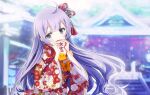  1girl ahoge azur_lane bangs blurry blurry_background blush commentary_request covered_mouth day depth_of_field floral_print flower grey_flower hair_flower hair_ornament hands_up highres holding japanese_clothes kimono long_hair long_sleeves looking_at_viewer manjuu_(azur_lane) obi outdoors print_kimono purple_eyes purple_hair sash solo sukireto unicorn_(azur_lane) very_long_hair wide_sleeves 