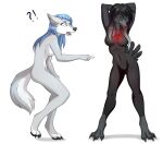  absurd_res anthro avian bird black_body black_feathers blue_hair canid canine canis corvid corvus_(genus) coyote duo feathers female female/female fur glowing glowing_jewelry grey_body grey_fur hair hi_res jewelry mammal nude oscine passerine raven 