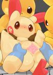  ambiguous_gender biped blush bodily_fluids brown_eyes disembodied_hand female generation_1_pokemon generation_3_pokemon genital_fluids genitals glistening glistening_body group hi_res legs_up minun nintendo pikachu plusle pokemon pokemon_(species) pussy pussy_juice raichu spread_pussy spreading sweat type yellow_body 