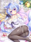  1girl ameto_yuki animal_ear_fluff animal_ears ass bangs bare_shoulders black_pantyhose blue_hair blush breasts christmas_ornaments cleavage closed_mouth collarbone commentary_request cup dress fox_ears fox_tail hair_between_eyes hair_bun highres indoors large_breasts long_sleeves low_ponytail no_shoes off-shoulder_sweater off_shoulder original pantyhose pinching_sleeves puffy_long_sleeves puffy_sleeves purple_eyes saucer side_ponytail single_side_bun sleeves_past_wrists smile snowflakes solo sweater sweater_dress tail twitter_username 