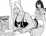  2girls absurdres animal_ears ass asui_tsuyu bb_(baalbuddy) bent_over black_tank_top boku_no_hero_academia breasts cereal chewing cleavage collarbone dark-skinned_female dark_skin denim denim_shorts eating greyscale highres holding holding_spoon large_breasts long_hair mirko monochrome multiple_girls rabbit_ears rabbit_tail short_shorts shorts simple_background spoon tail tank_top thighs white_background 