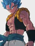  1boy blue_eyes blue_hair dragon_ball dragon_ball_super gogeta grey_background kemachiku looking_at_viewer male_focus metamoran_vest muscular muscular_male sash simple_background solo spiked_hair super_saiyan super_saiyan_blue upper_body vest 