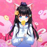  accessory animal_ear_fluff animal_ears animal_humanoid bangs black_hair blue_eyes blush breasts cat_ears_(disambiguation) cat_tail clothed clothing cute_expression cute_eyes dessert domestic_cat doughnut felid feline felis female food food_in_mouth hair hair_accessory headgear headwear hi_res hood hood_down hoodie humanoid long_hair looking_at_viewer mammal mammal_humanoid medium_breasts minj_kim mouth_hold pink_background shadow simple_background sleeves_past_wrists smile solo tail topwear upper_body white_clothing white_hoodie white_topwear 