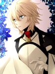  1boy bangs blonde_hair blue_eyes blue_flower cape commentary_request fangs flower gloves hair_between_eyes high_collar hyakuya_mikaela looking_to_the_side male_focus open_mouth owari_no_seraph partial_commentary short_hair solo tsukimori_usako upper_body white_gloves 